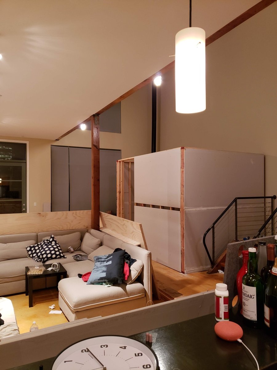 Drywalled cube room taking shape beside the loft stairs