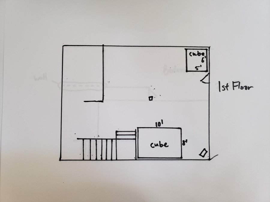 Hand-drawn first-floor plan showing two cube rooms, 10 by 8 feet and 6 by 5 feet