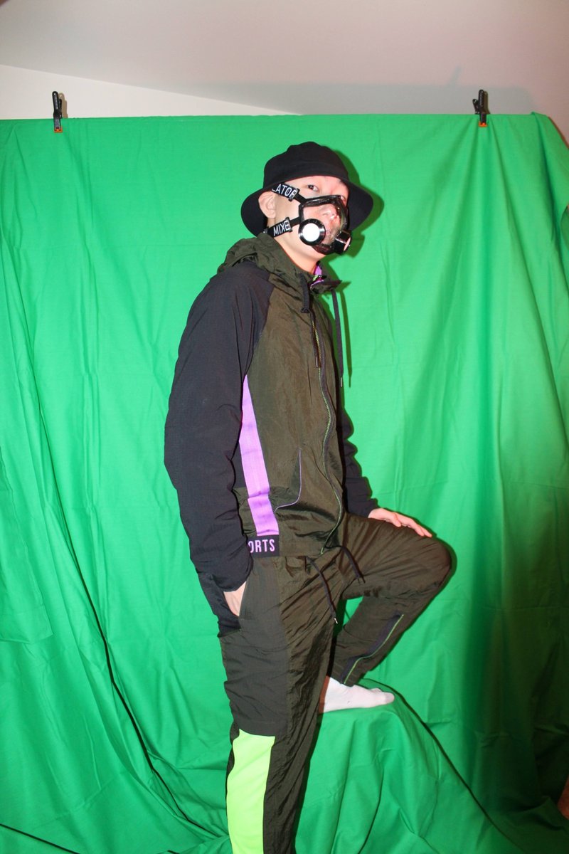 Wearing the Mixellator mask in front of a green screen