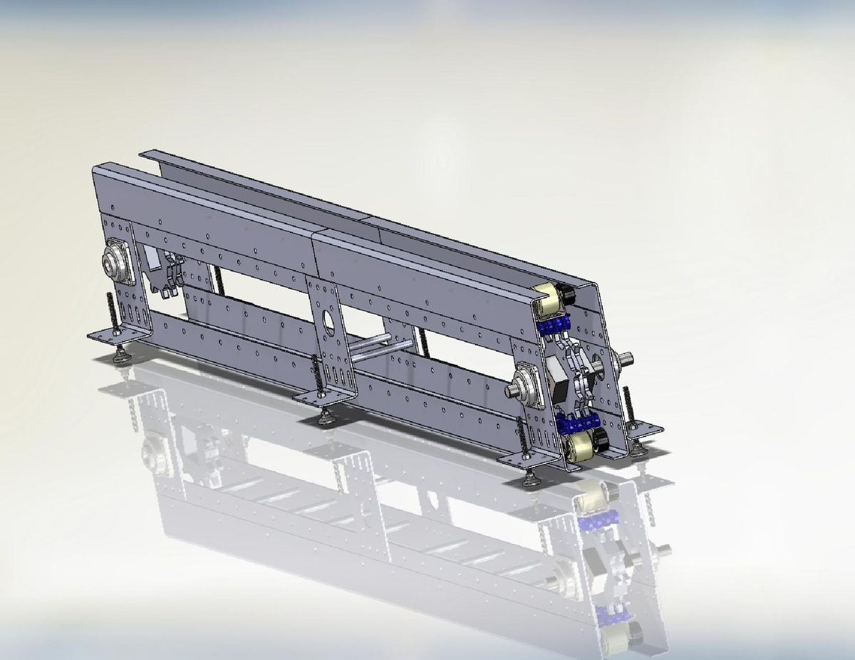 SolidWorks render of a sheet-metal accumulation conveyor frame