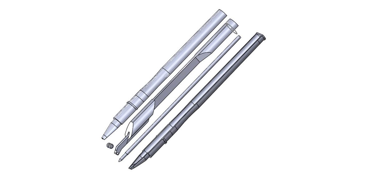 Exploded CAD view of a drafting pen with precision wheels